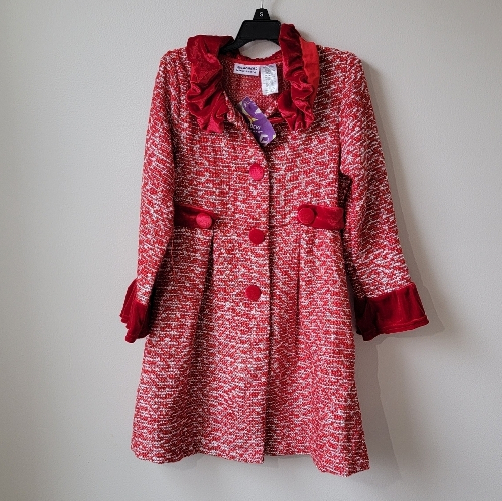 New Blueberi Boulevard girls' red tweed coat, Size 7/8